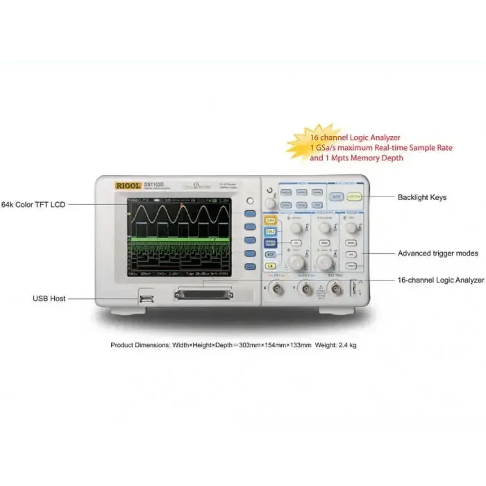 Oscilloscope numérique Rigol DS1102E 100 MHz avec 2 voies analogiques, utilisé pour les tests et l'analyse des signaux électroniques.