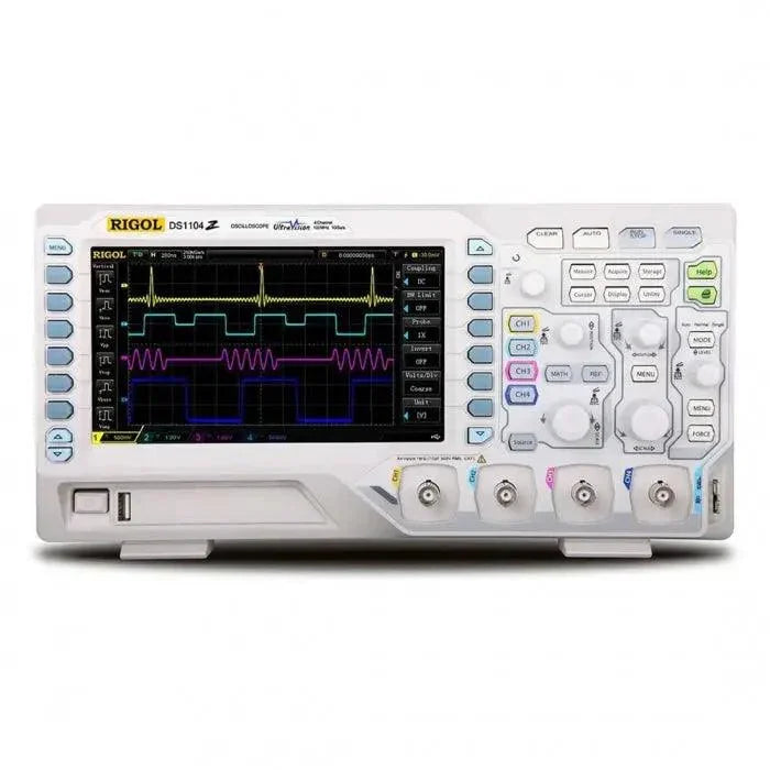 RIGOL DS1104Z Plus 4-channel 100MHz digital storage oscilloscope with front panel controls and display screen.