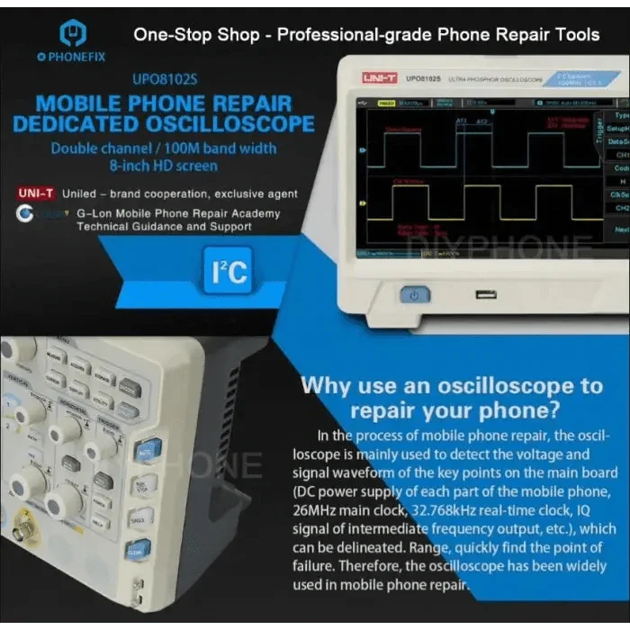 UNI-T UPO8102S digital oscilloscope by PHONEFIX with 2 channels, used for soldering repair and electronic testing.