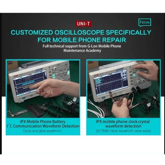 Phonefix UNI-T UPO8102S digital oscilloscope with 2 channels for soldering repair, featuring a compact design and clear display.