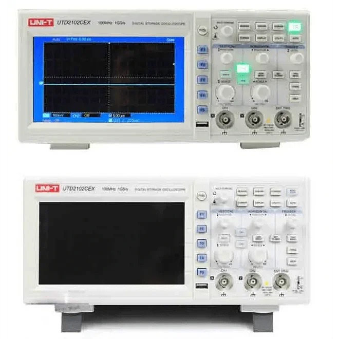 UNI-T UTD2102CEX digital oscilloscope with 100MHz bandwidth and 2 channels, displayed on a workbench.