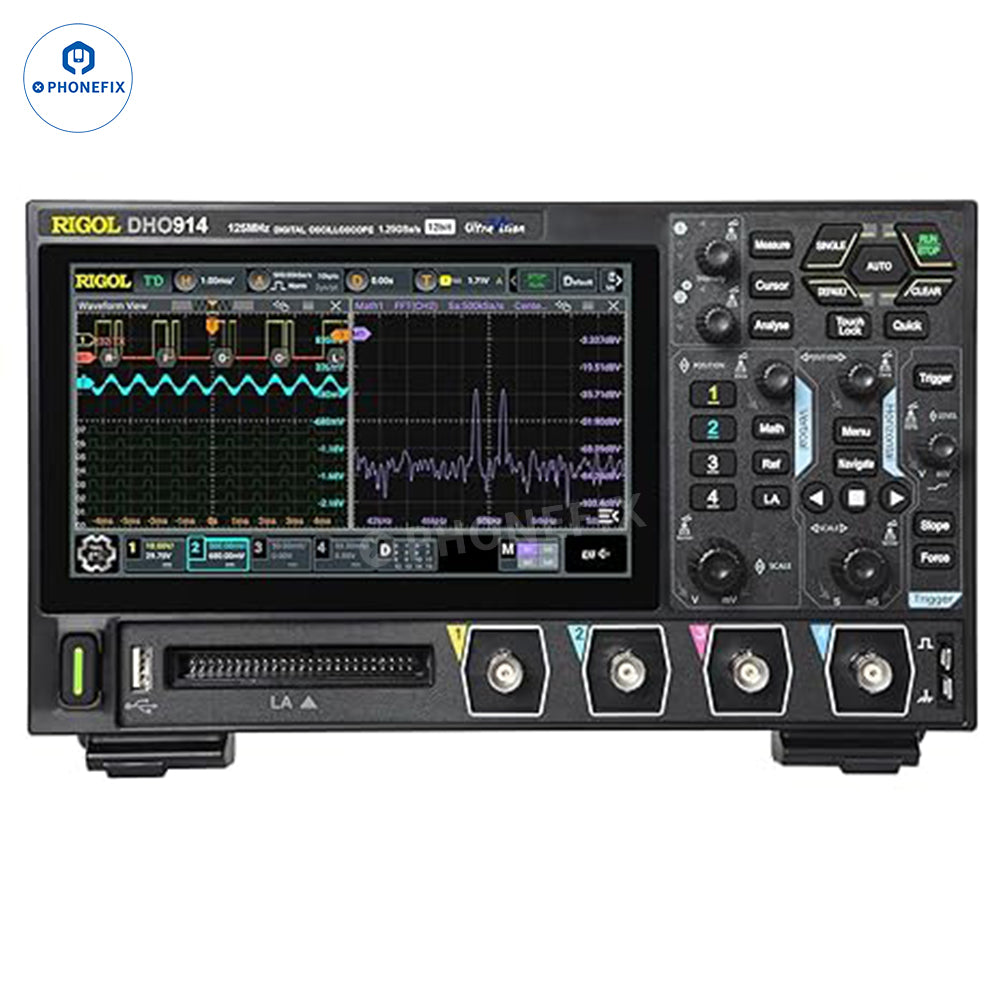 RIGOL DHO914 digital oscilloscope with 4 channels and 250MHz bandwidth, displayed on a clean workspace.