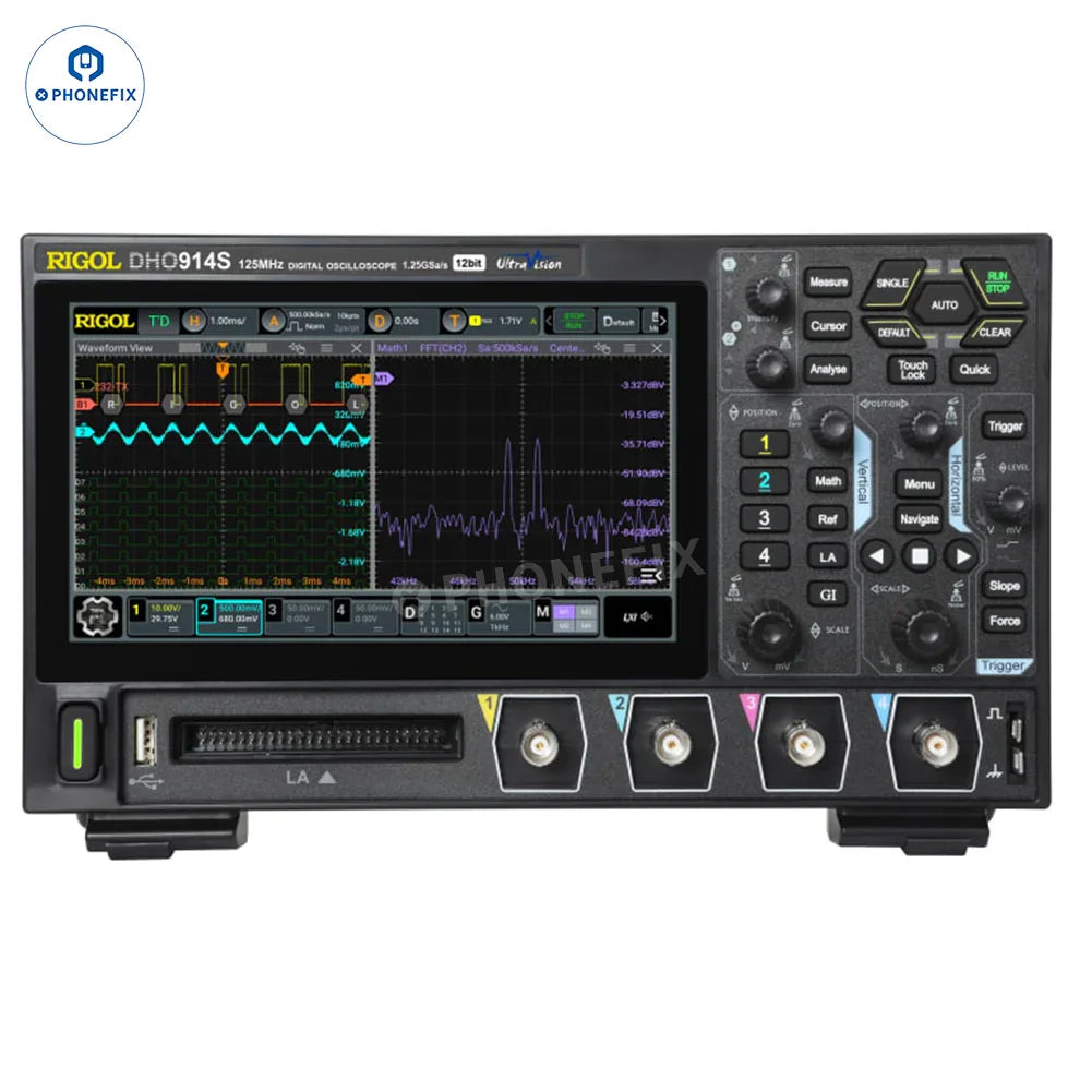 Rigol DHO914S digital oscilloscope with 4 channels and 250MHz bandwidth, used for electronic signal testing and analysis.
