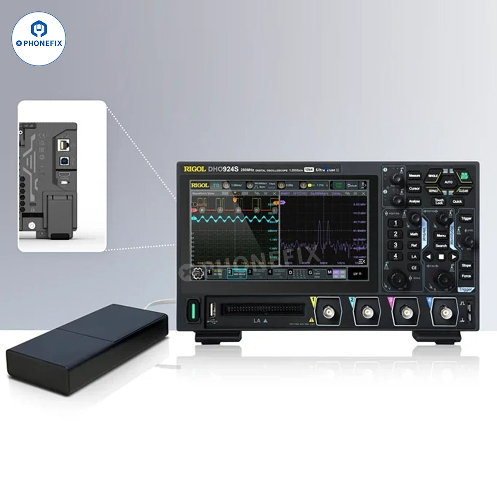 PhoneFix RIGOL DHO914 digital oscilloscope with 4 channels and 250MHz bandwidth, shown with display and control knobs.