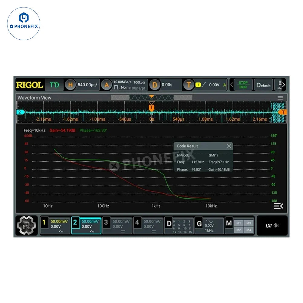 PHONEFIX RIGOL DHO914 digital oscilloscope with 4 channels and 250MHz bandwidth, shown with display and control knobs.