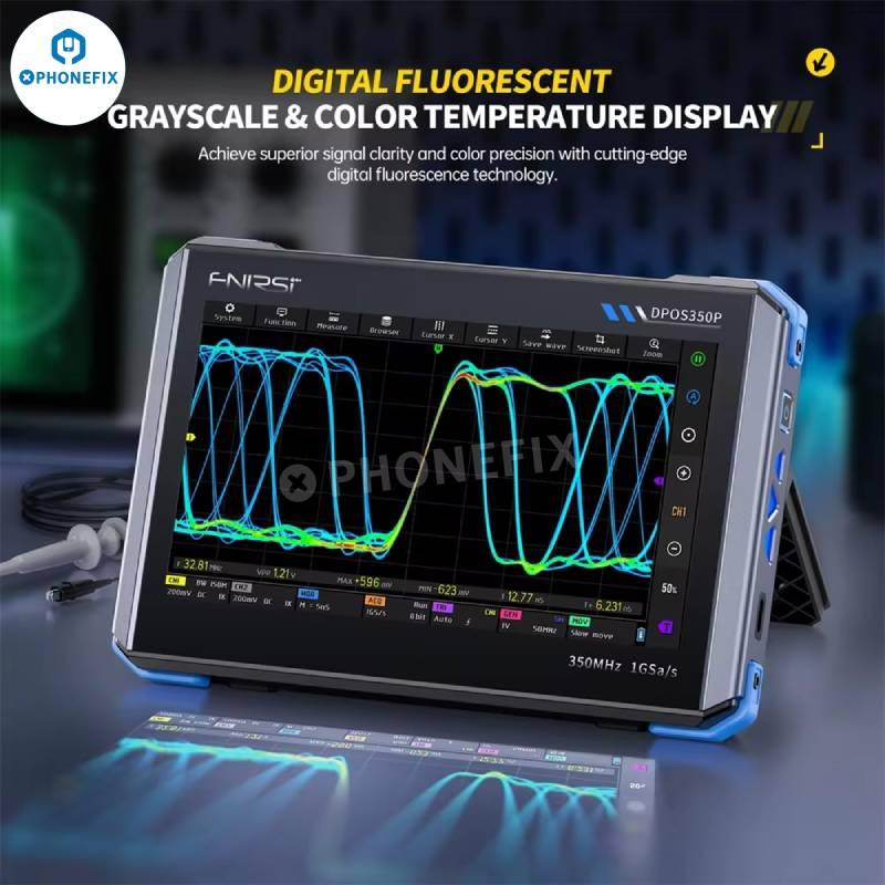 Phonefix DPOS350P 4-in-1 digital oscilloscope with 350MHz signal generator and tablet display for electronic testing and analysis.