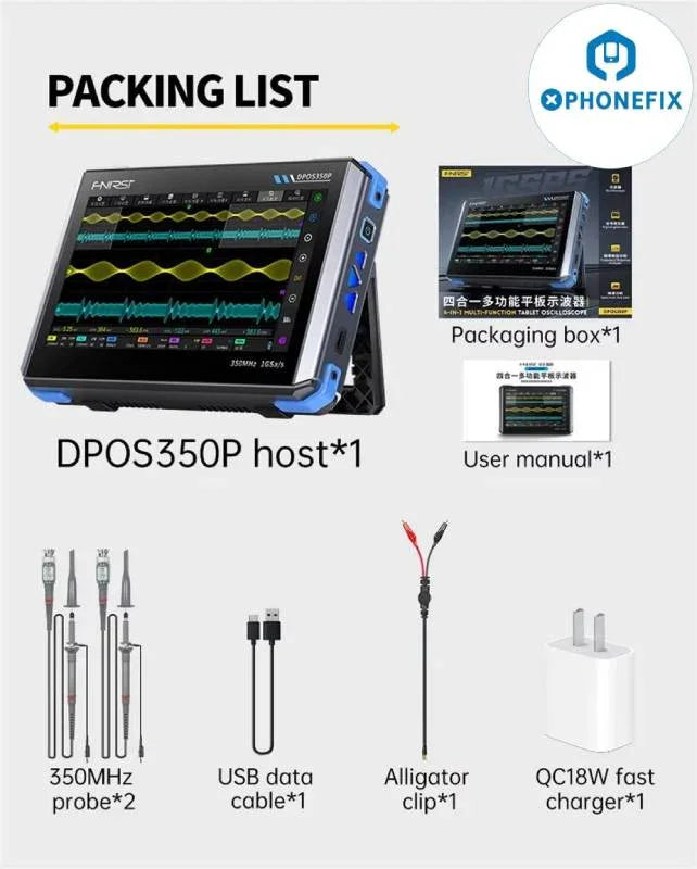 Digital oscilloscope DPOS350P 4-in-1 tablet from PHONEFIX showing screen and control buttons for signal analysis.