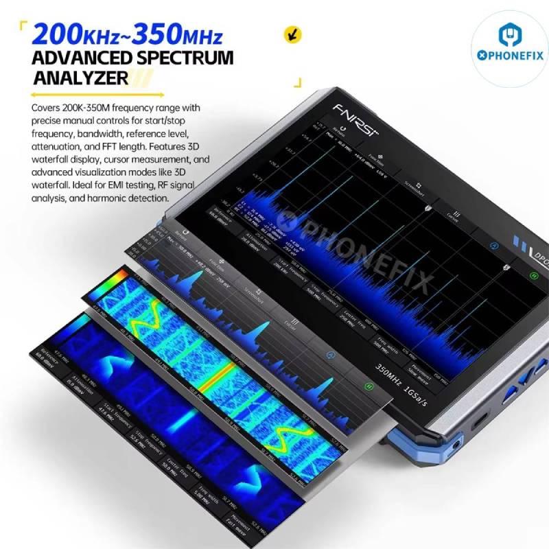 PhoneFix DPOS350P 4-in-1 digital oscilloscope with 350MHz signal generation, compact design for electronic testing and analysis.
