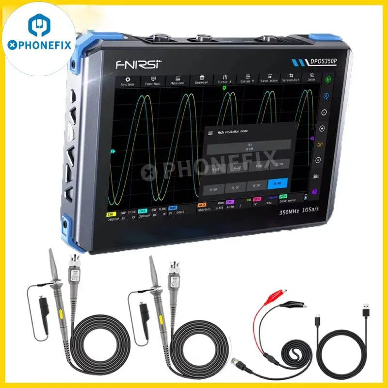 PHONEFIX DPOS350P 4-in-1 digital oscilloscope with 350MHz signal generator and tablet display for electronic testing.