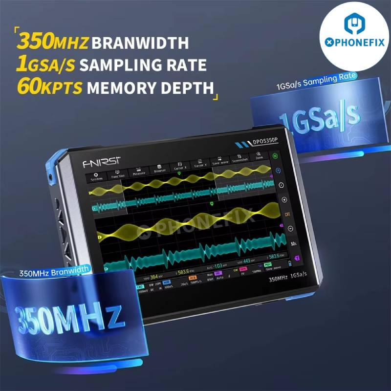 Digital oscilloscope DPOS350P 4-in-1 tablet with 350MHz signal generator by PHONEFIX, showing screen and control buttons.