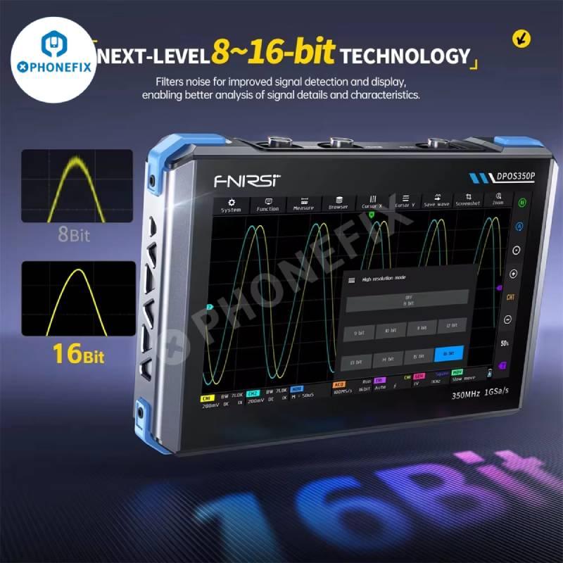 PHONEFIX DPOS350P 4-in-1 digital oscilloscope with 350MHz signal generator and tablet display showing waveform analysis.