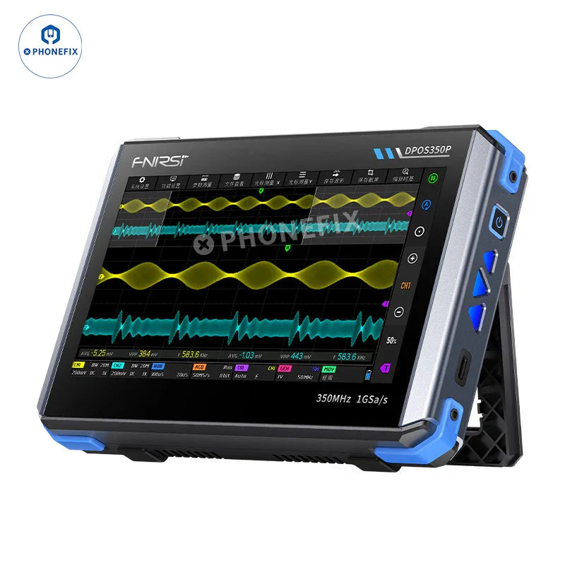 Digital oscilloscope DPOS350P by PHONEFIX with 4-in-1 functionality, 350MHz signal generator, and detailed display screen.
