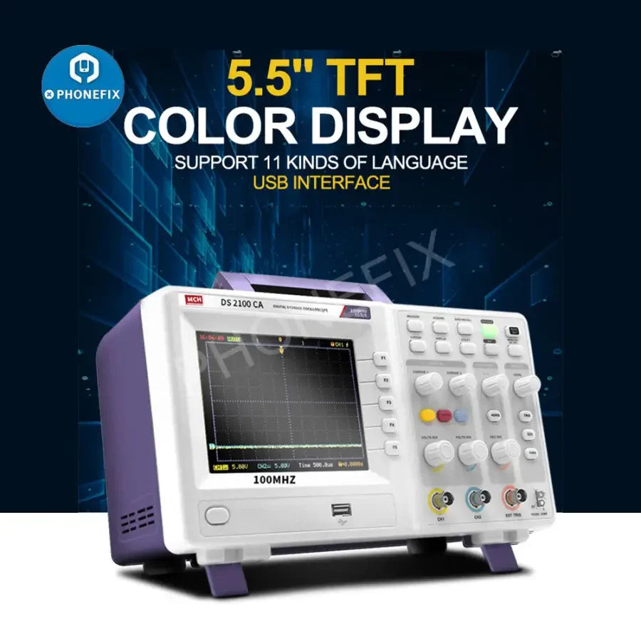PHONEFIX MCH DS Series Digital Storage Oscilloscope with dual channels and 25MHz bandwidth, used for electronic signal testing.