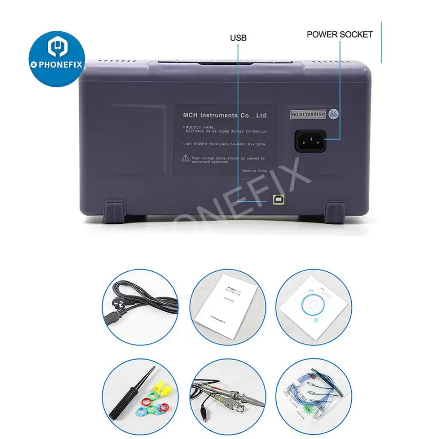 PHONEFIX MCH DS Series digital storage oscilloscope with dual channels, 25MHz bandwidth, for precise electrical signal analysis.