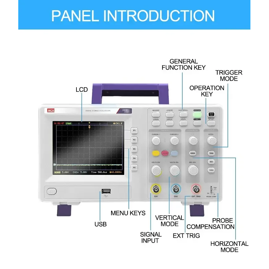 PHONEFIX MCH DS Series advanced digital storage oscilloscope with dual channels and 25MHz bandwidth, ideal for precise signal analysis.