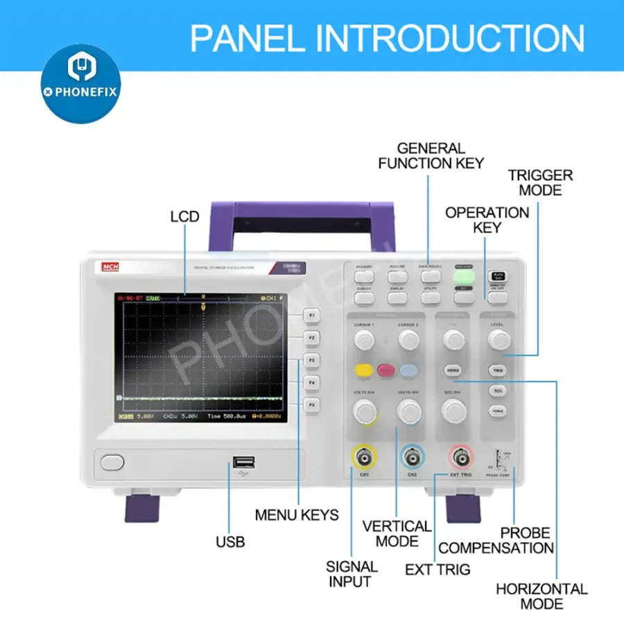 PHONEFIX MCH DS Series digital storage oscilloscope with dual channels and 25MHz bandwidth for precise electronic measurements.