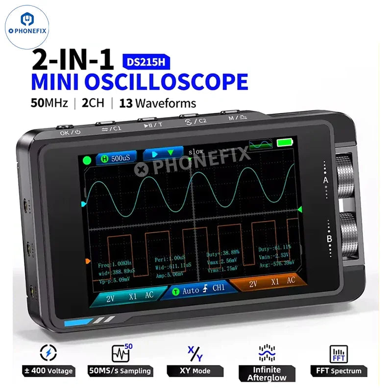 PHONEFIX DS215H Mini Oscilloscope with dual channels and signal generator, compact digital oscilloscope for electronic testing.