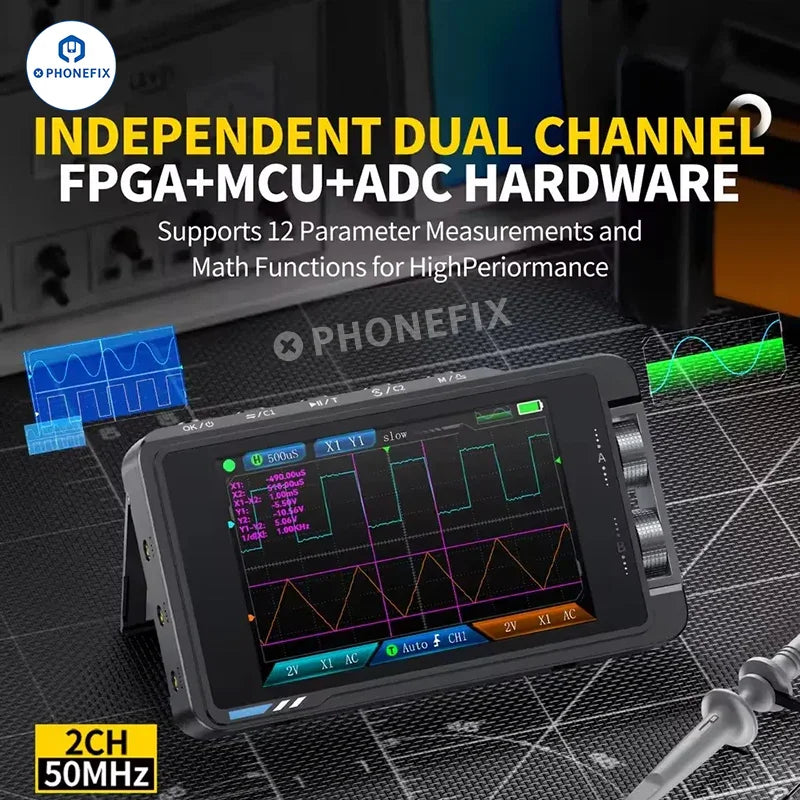 PHONEFIX DS215H Mini Oscilloscope with dual channels and signal generator, compact digital oscilloscope for electronic testing.