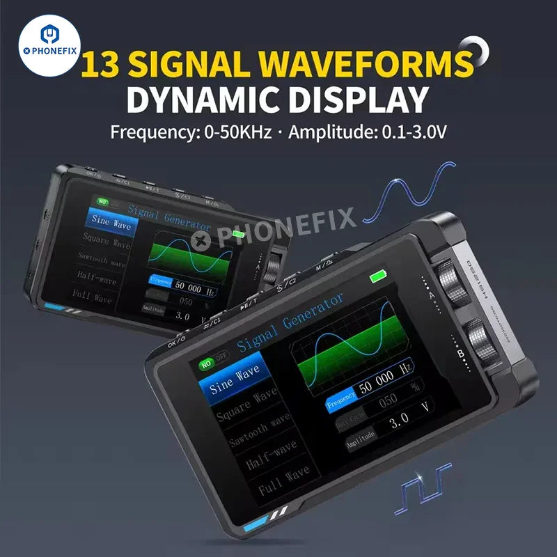 Phonefix DS215H Mini Digital Oscilloscope with dual channels and signal generator for electronics testing and analysis.