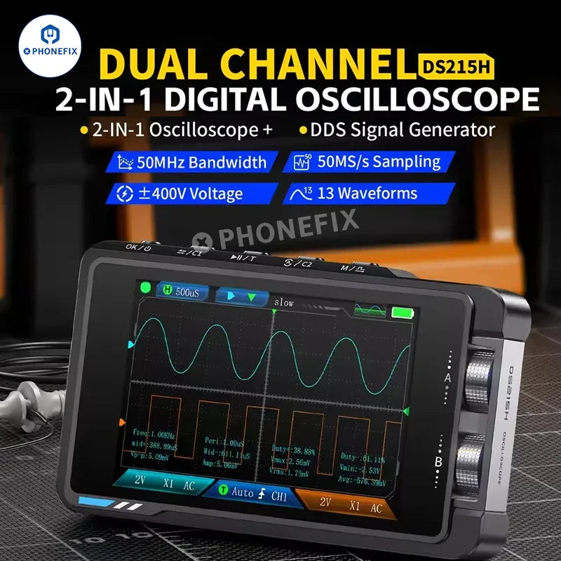 PHONEFIX DS215H Mini Oscilloscope with dual channels and signal generator, compact digital oscilloscope for electronics testing.