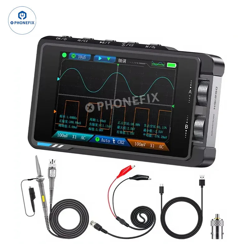 PHONEFIX DS215H Mini Oscilloscope with dual channels and signal generator, compact digital oscilloscope for electronic testing.