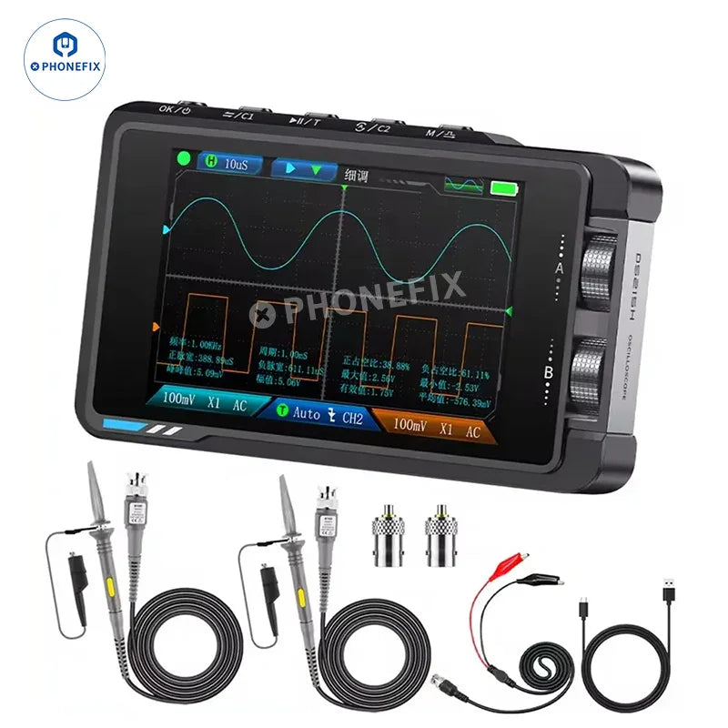 PhoneFIX DS215H Mini Oscilloscope with dual channels and signal generator, compact digital oscilloscope for electronics testing.