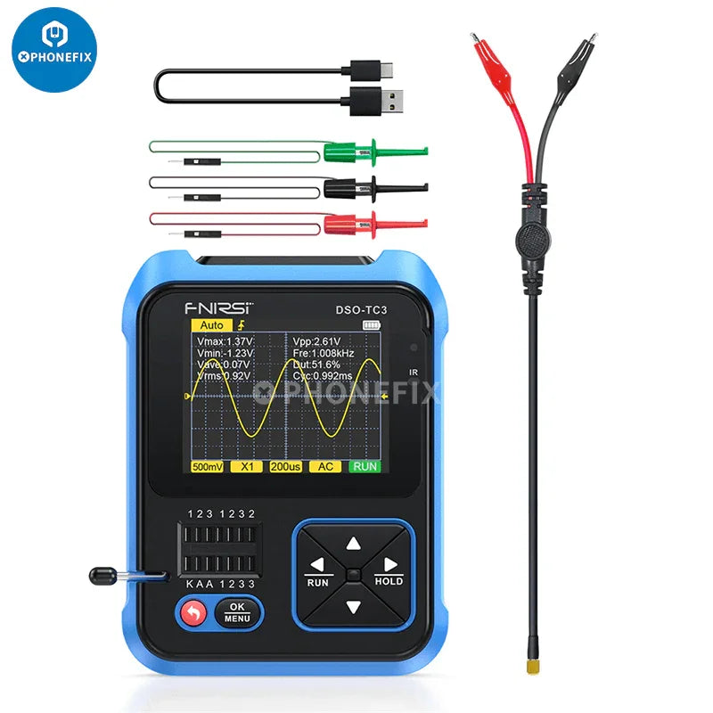 FNIRSI DSO-TC3 digital oscilloscope and diode LCR transistor tester by PHONEFIX, showing device display and test probes.