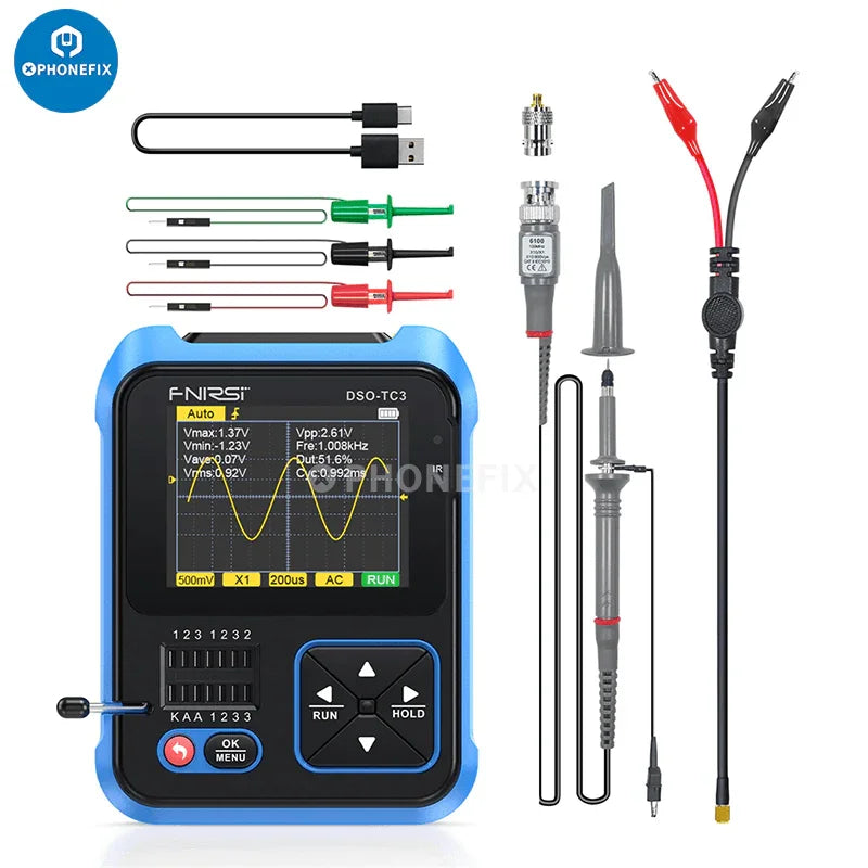 FNIRSI DSO-TC3 digital oscilloscope and diode LCR transistor tester from PHONEFIX showing the device with display and testing ports