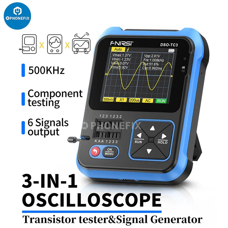 FNIRSI DSO-TC3 digital oscilloscope and diode LCR transistor tester by PHONEFIX, showing device with screen and control buttons.