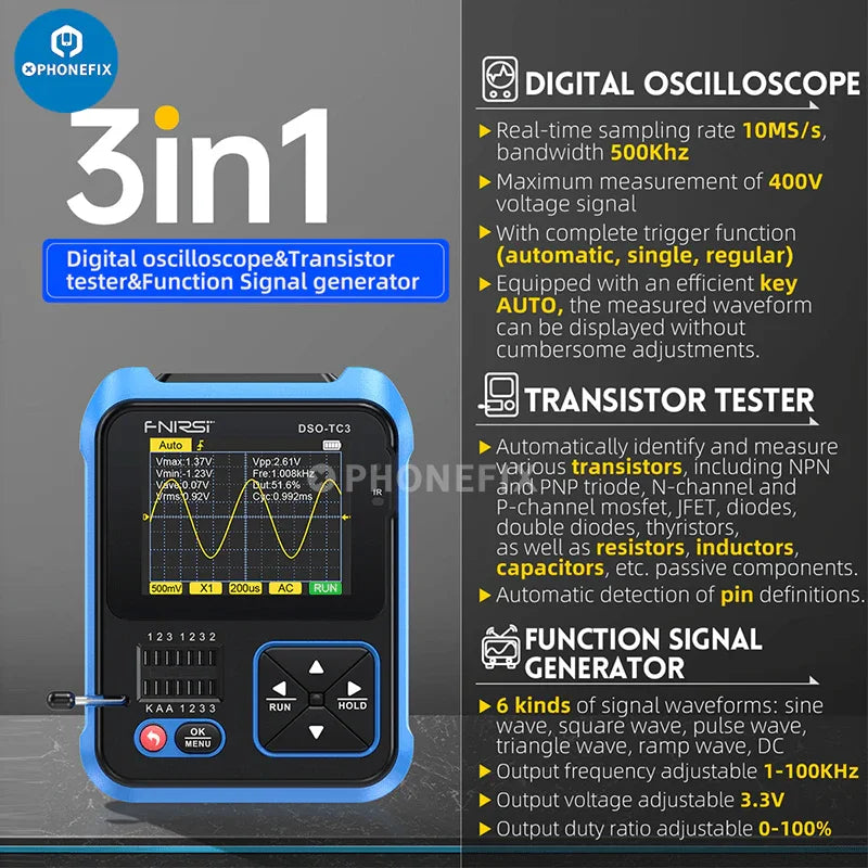 FNIRSI DSO-TC3 digital oscilloscope with diode, LCR, and transistor testing features, designed for electronics testing and troubleshooting.