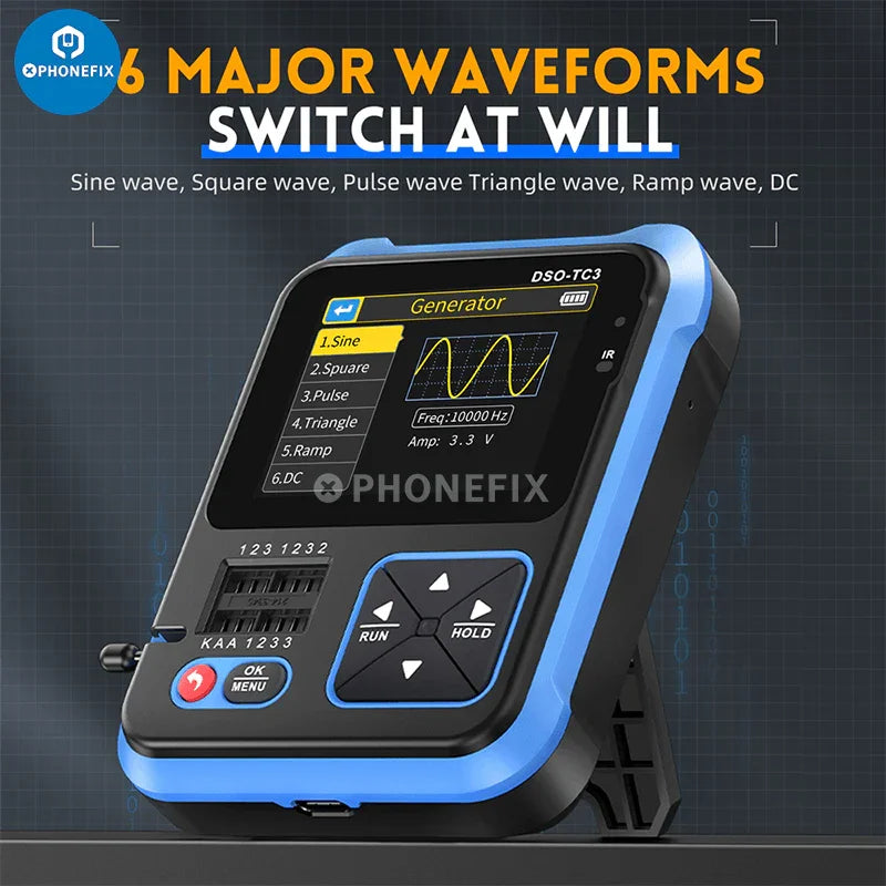 FNIRSI DSO-TC3 digital oscilloscope and transistor tester by PHONEFIX, showing a compact device with digital display and testing ports.