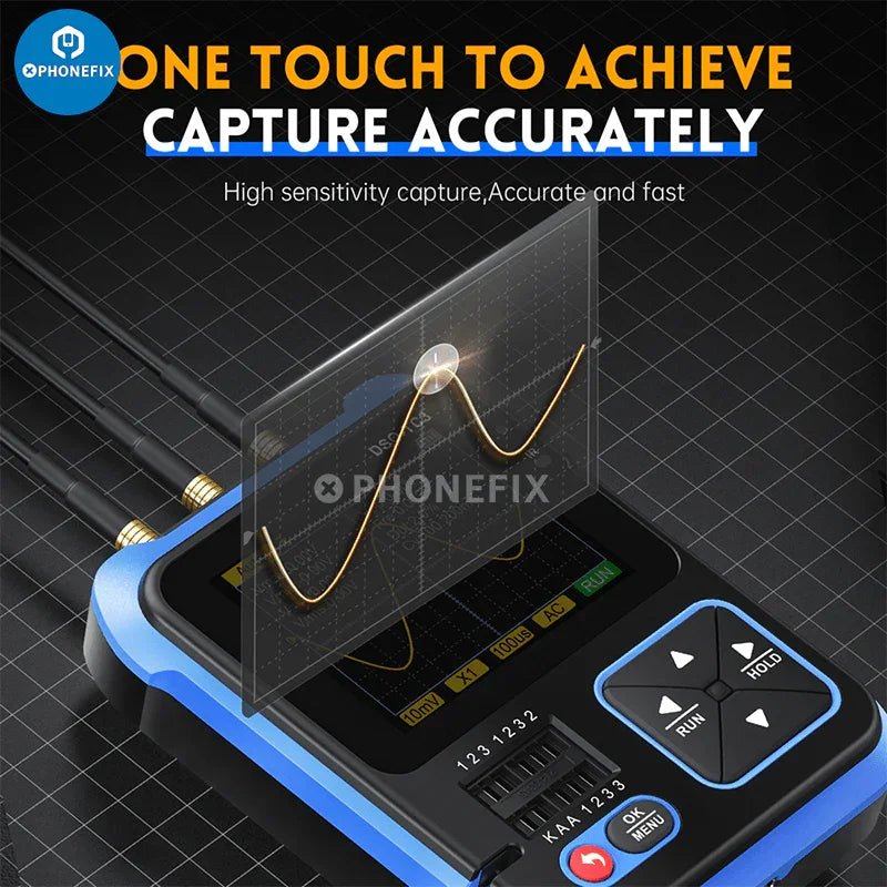 FNIRSI DSO-TC3 digital oscilloscope and diode LCR transistor tester by PHONEFIX showing screen and probe connections