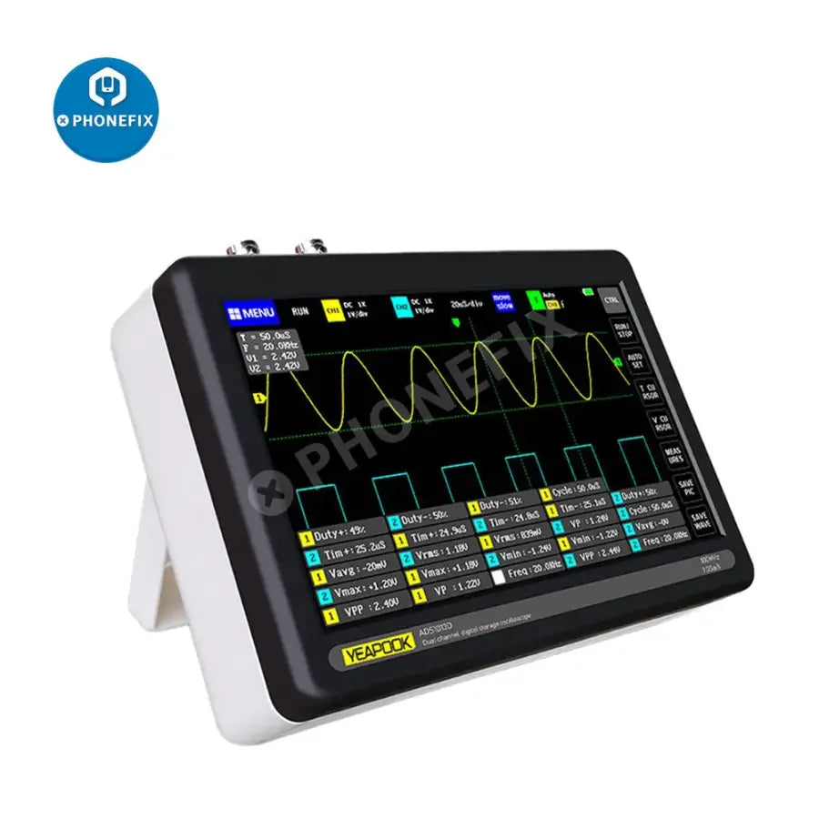 FNIRSI-1013D digital tablet oscilloscope with mini dual channels, compact design, and easy-to-use interface from PHONEFIX.