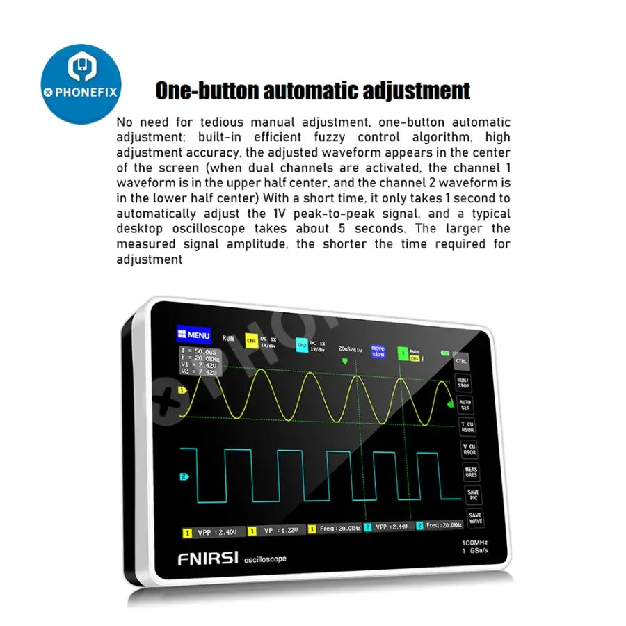 FNIRSI-1013D digital tablet oscilloscope with mini dual channels by PHONEFIX, showing display with waveform readings.