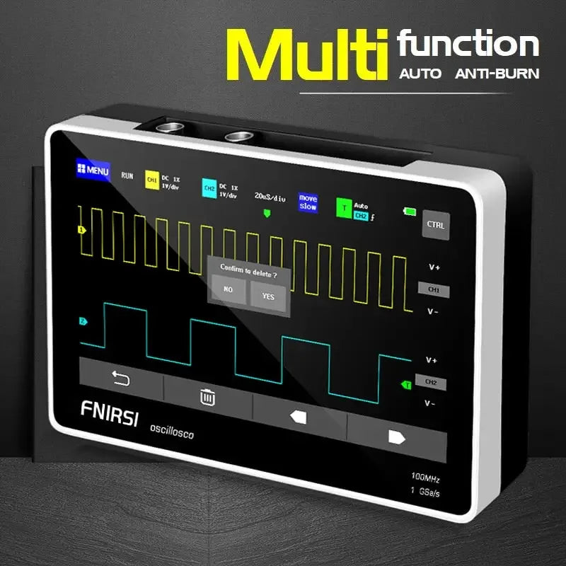 FNIRSI-1013D digital tablet oscilloscope with mini dual channels by PHONEFIX, displaying waveform on a compact screen.