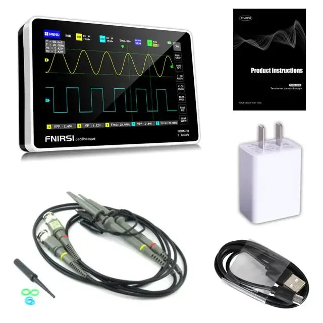 FNIRSI-1013D digital tablet oscilloscope with mini dual channels from PHONEFIX, showing digital display and control buttons.