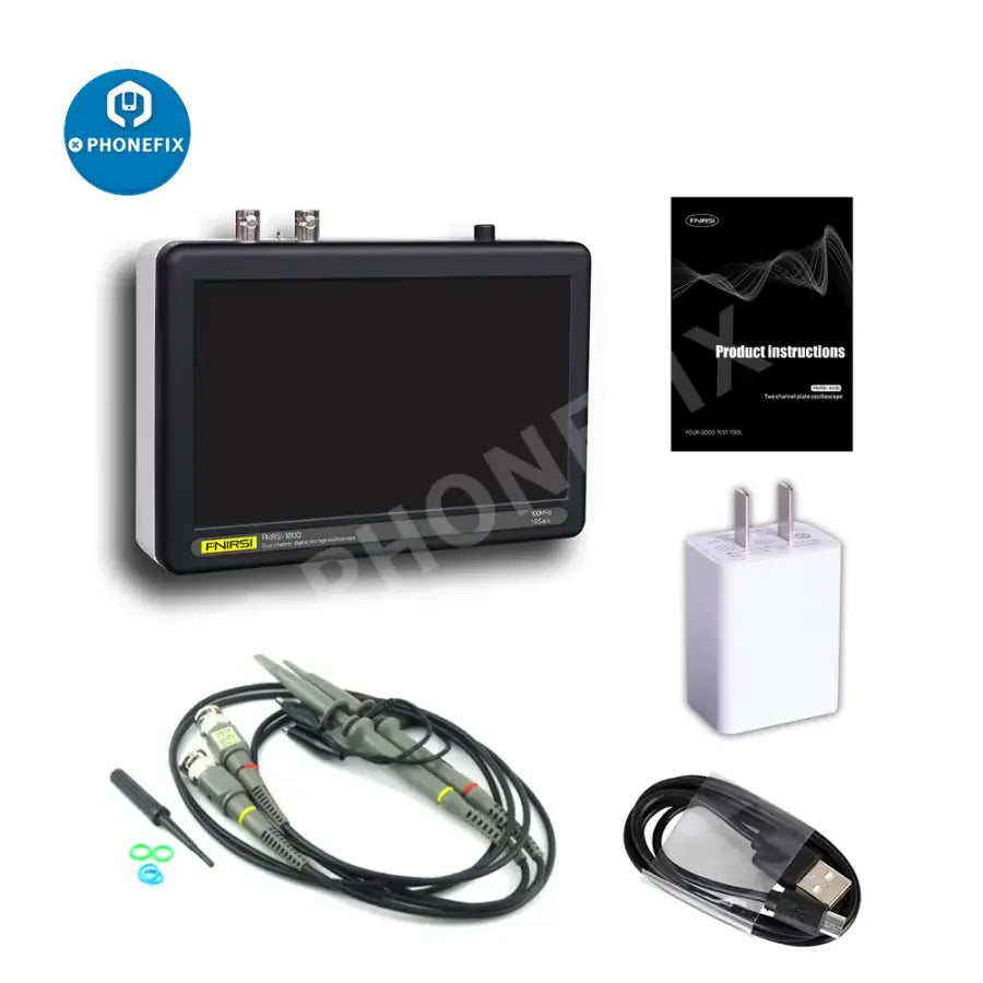FNIRSI-1013D digital tablet oscilloscope with mini dual channels by PHONEFIX, showing screen display and control buttons.