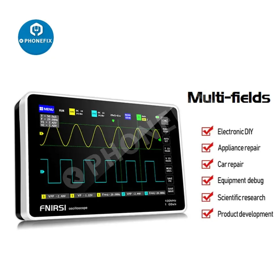 FNIRSI-1013D digital tablet oscilloscope with mini dual channels, used for electronic signal analysis, by PHONEFIX.