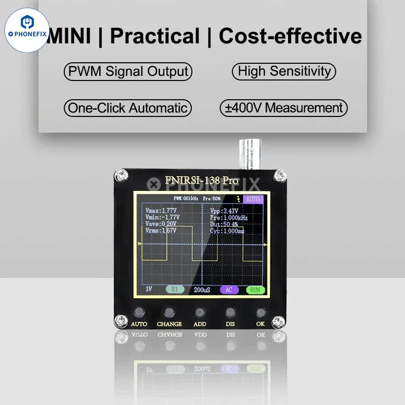 FNIRSI 138PRO Mini Digital Handheld Oscilloscope with 10x probe, compact electronic testing device by PHONEFIX.