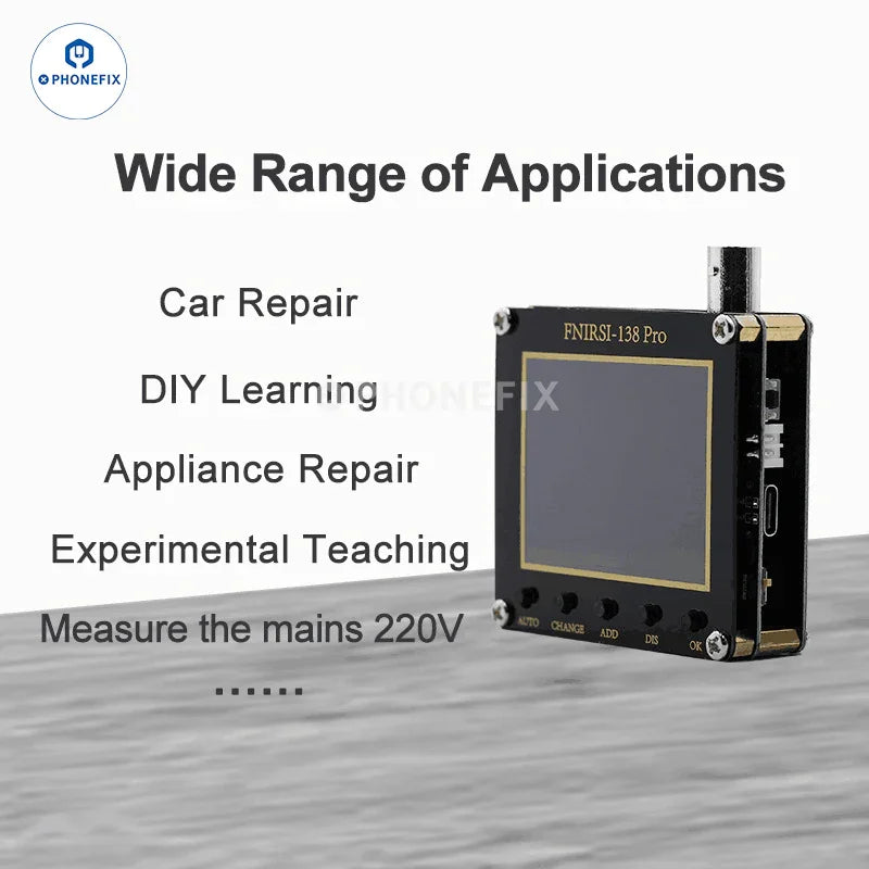 FNIRSI 138PRO mini digital handheld oscilloscope with 10x probe, compact device for electronic measurements and signal analysis.