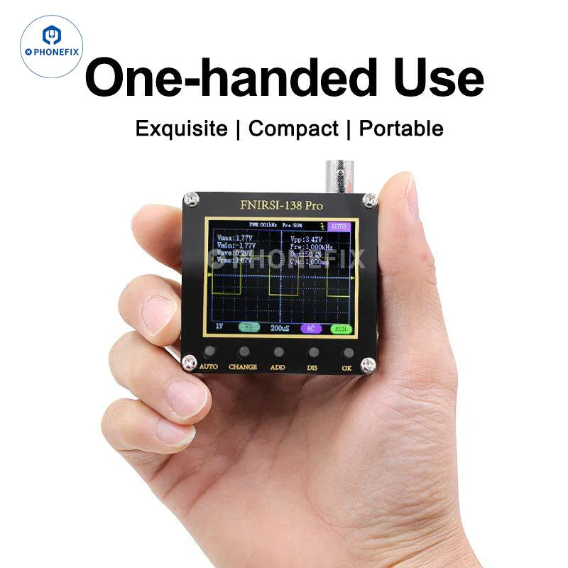 FNIRSI 138PRO Mini digital handheld oscilloscope with 10x probe, compact device showing screen with waveform display.