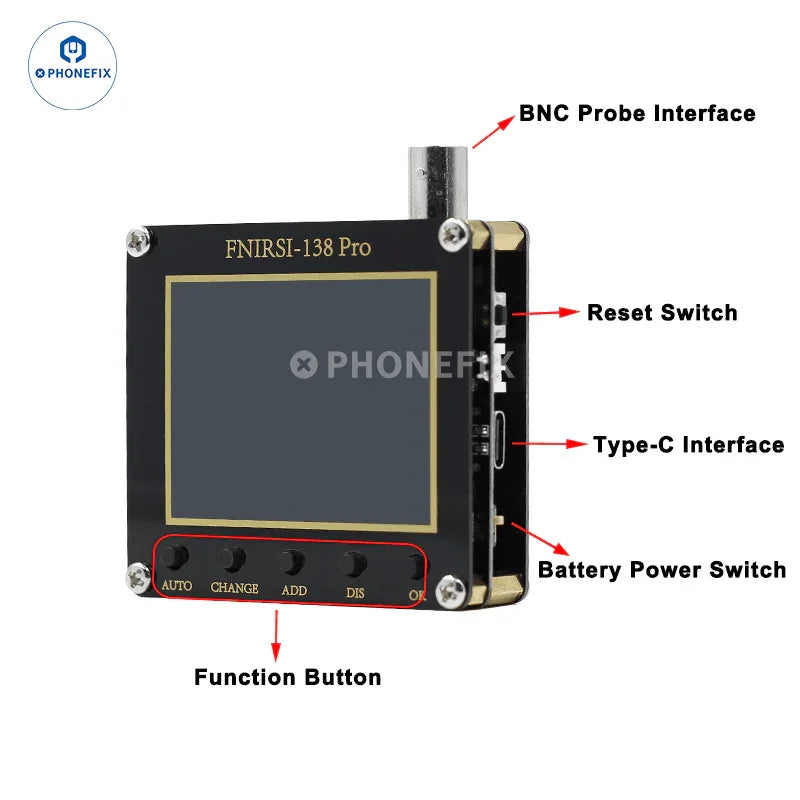 FNIRSI 138PRO mini digital handheld oscilloscope with 10x probe, showing screen display and control buttons.