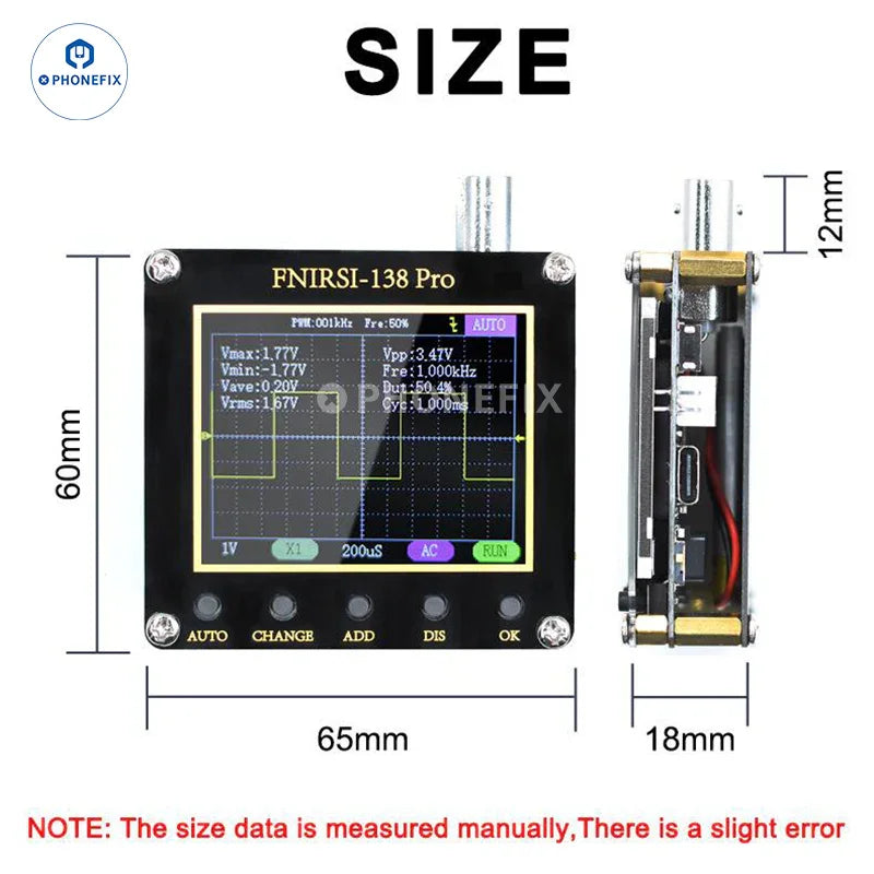 FNIRSI 138PRO Mini Digital Handheld Oscilloscope with 10x probe, compact device for electronic measurements and signal analysis