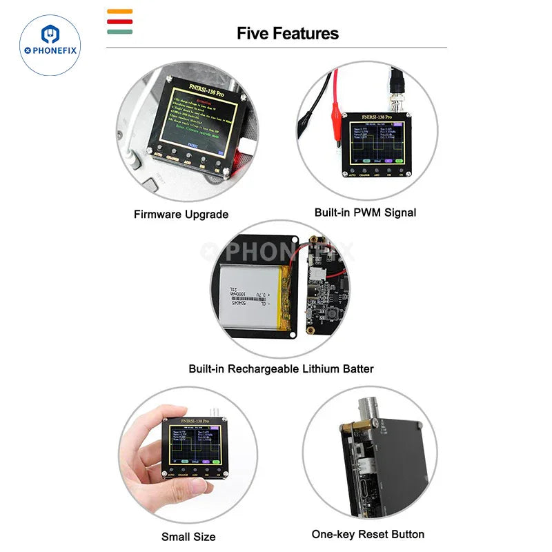 FNIRSI 138PRO Mini Digital Handheld Oscilloscope with 10x probe, compact electronic testing device by PHONEFIX.