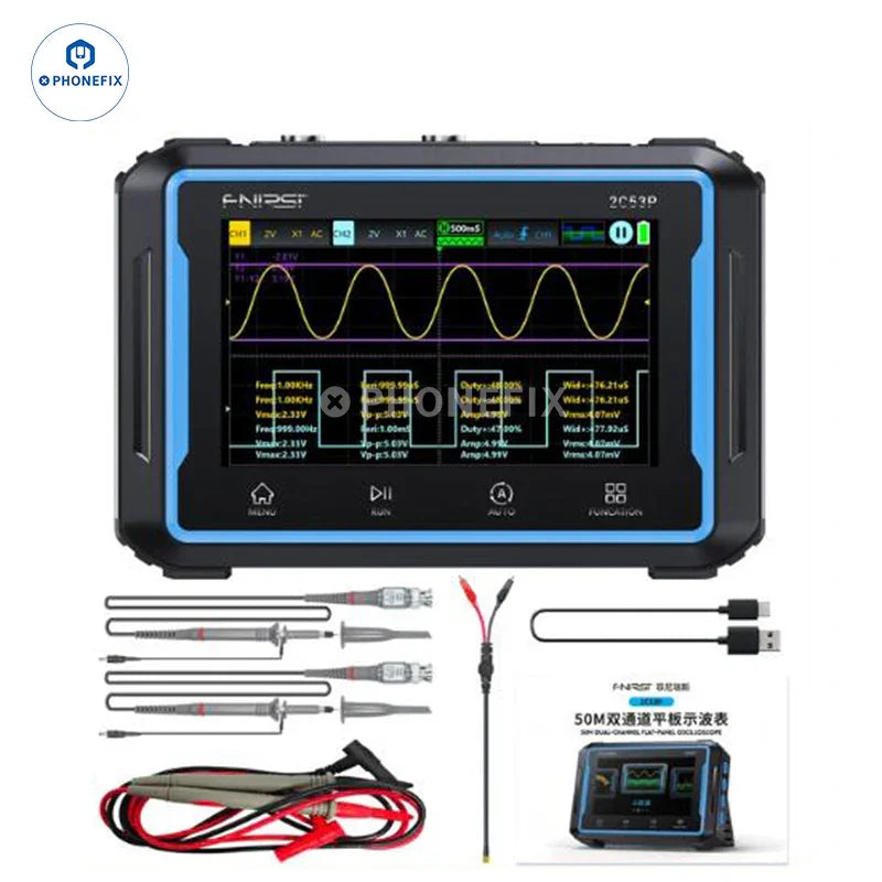 FNIRSI 2C53P 3-in-1 dual channel digital oscilloscope with touch screen display by PHONEFIX, showing measurement screens and controls.