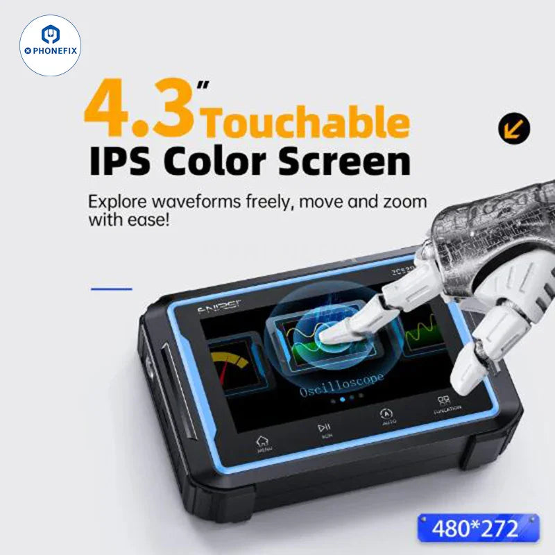 FNIRSI 2C53P 3-in-1 dual channel digital oscilloscope with touch screen, displayed with colorful waveform on the screen.