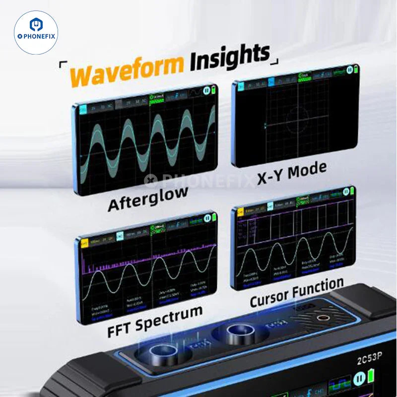 FNIRSI 2C53P 3-in-1 dual channel digital oscilloscope with touch screen, compact design, and detailed control panel.