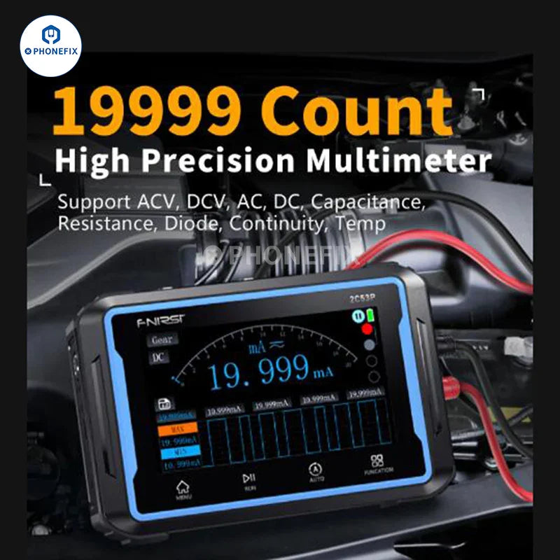 PHONEFIX FNIRSI 2C53P 3-in-1 dual channel digital oscilloscope with touch screen display and compact design.