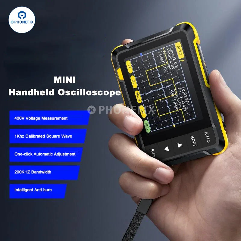 Oscilloscope numérique portable PhoneFix FNIRSI DSO152 affichant la forme d'onde sur son écran avec des boutons de commande.