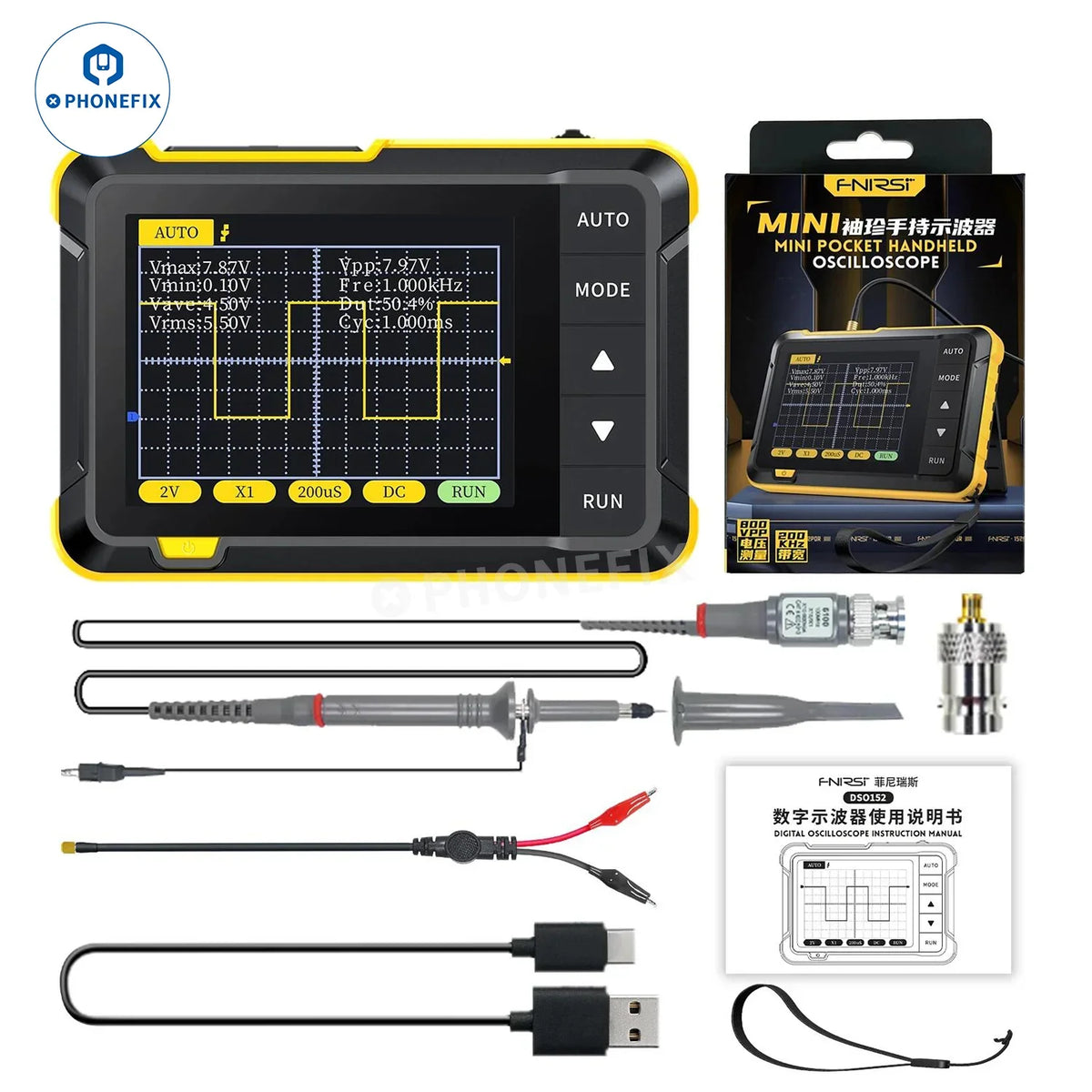 Oscilloscope numérique portable FNIRSI DSO152 avec fréquence d'échantillonnage de 2.5 MS/s et bande passante de 200 kHz, appareil de test compact avec écran